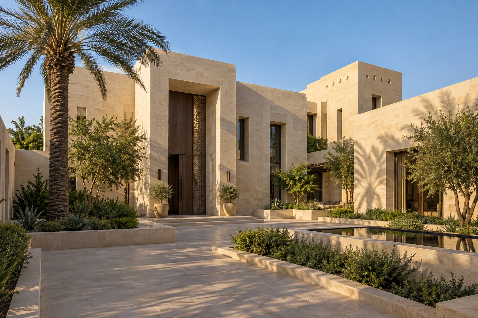 تصوّر معماري لفيلا معاصرة بواجهات حجرية وحديقة نخيل